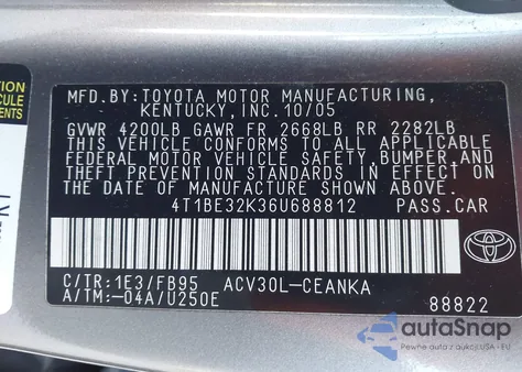 2006 Toyota Camry Std from USA, damaged, VIN 4T1BE32K36U688812